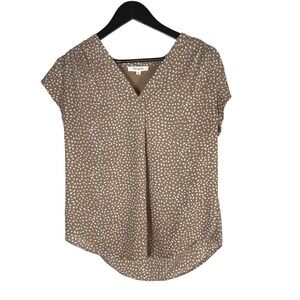 Monday Fun Women's Blouse Medium Brown White Polka Dot V-Neck Short Sleeve‎ Top